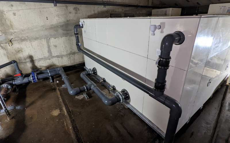 Cold water storage tank replacement at Derngate Theatre with tight access installation
